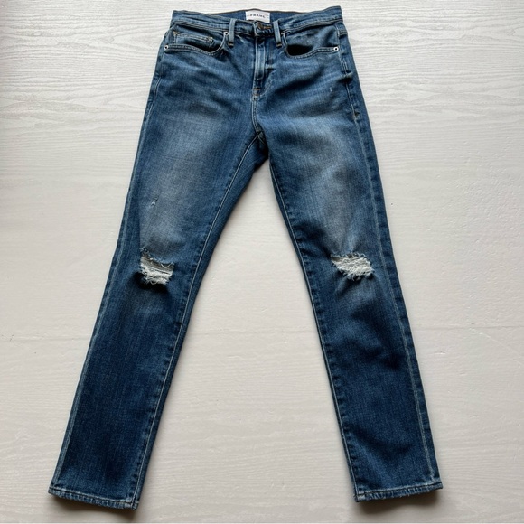Frame Le Beau Ankle Straight Leg Boyfriend Jeans Womens 23 Cleo Rips Wash - Picture 2 of 16
